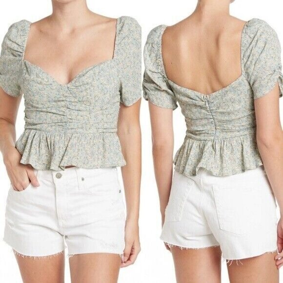 ASTR The Label Ditsy Floral Crop Ruched Peplum Sweetheart Blouse Sz XL - Picture 1 of 10